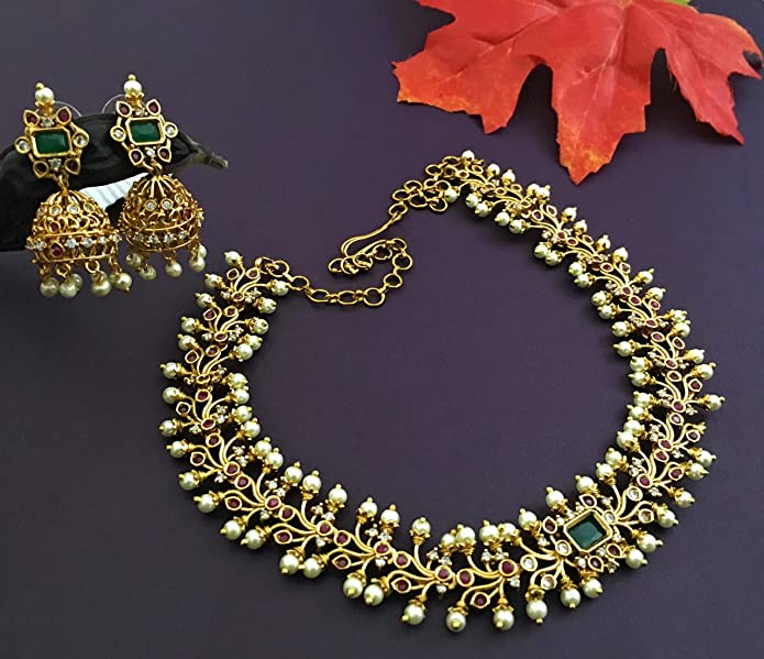 Sasitrends Traditional Gold Plated AD Stone Studded Designer Full Leaf Neck Choker Jewellery Set