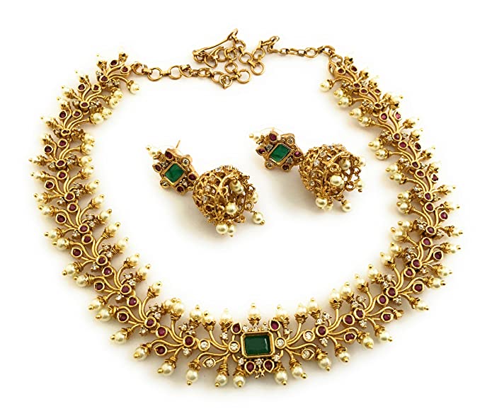 Traditional Gold Plated AD Stone Studded Designer Full Leaf Neck Choker Jewellery Set for Women and Girls