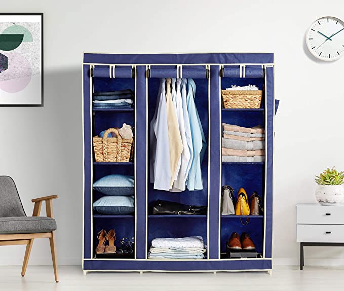 Solimo 3-Door Foldable Wardrobe, 10 Racks, Blue 